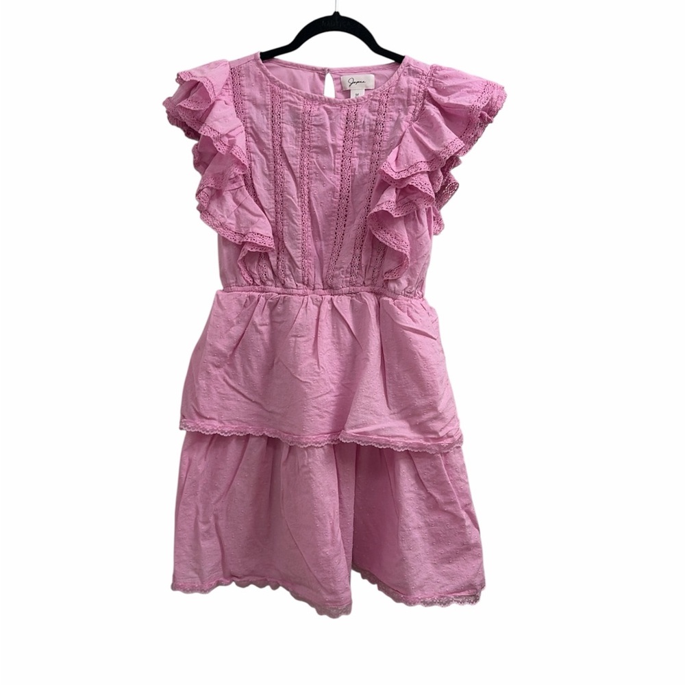 Pink babydoll dress with ruffles and lace trim‎